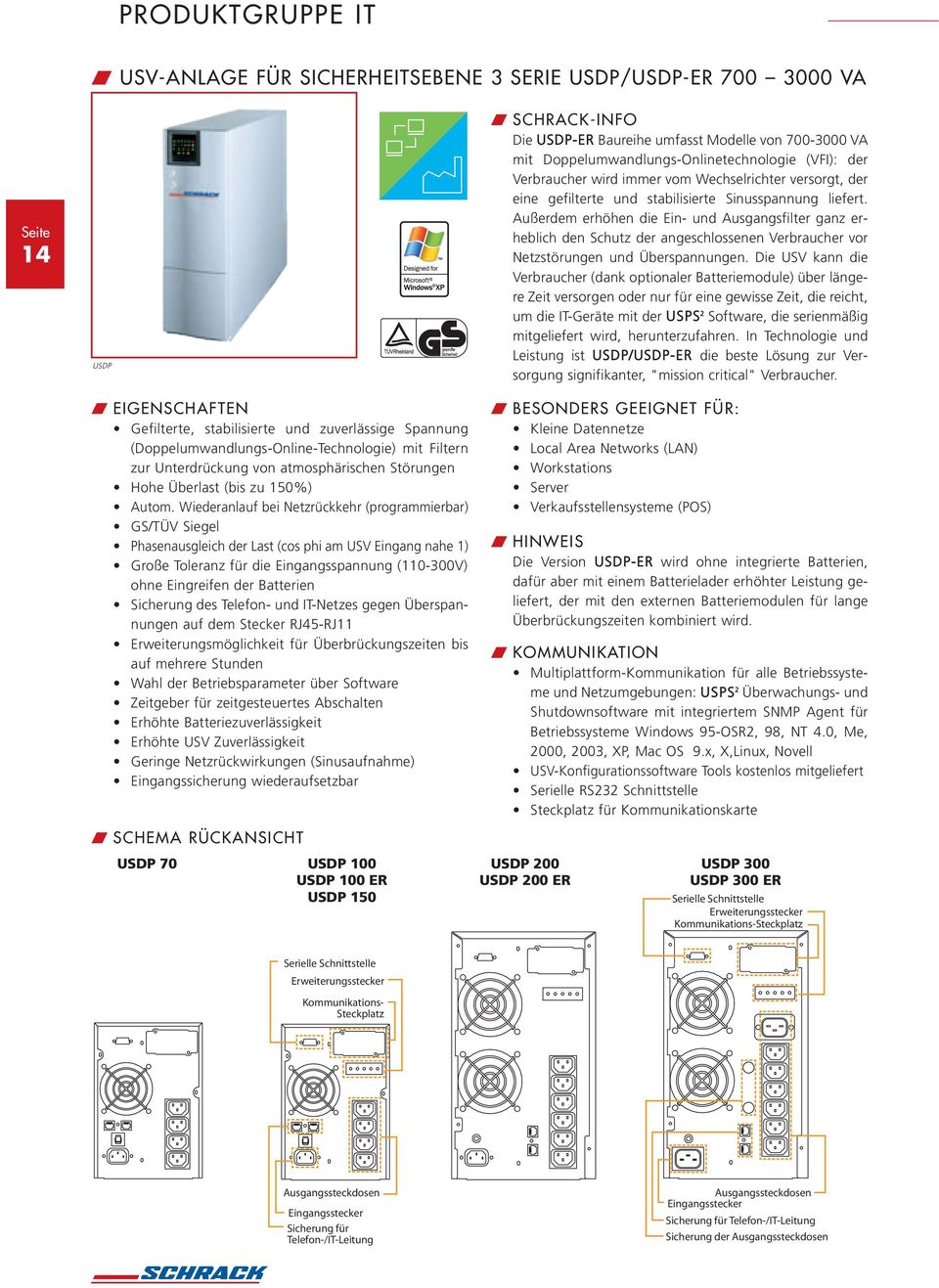 Wiederanlauf bei Netzrückkehr (programmierbar) GS/TÜV Siegel Phasenausgleich der Last (cos phi am USV Eingang nahe 1) Große Toleranz für die Eingangsspannung (110-300V) ohne Eingreifen der Batterien