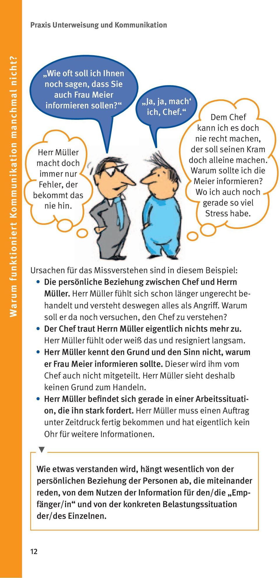 Ursachen für das Missverstehen sind in diesem Beispiel: Die persönliche Beziehung zwischen Chef und Herrn Müller.