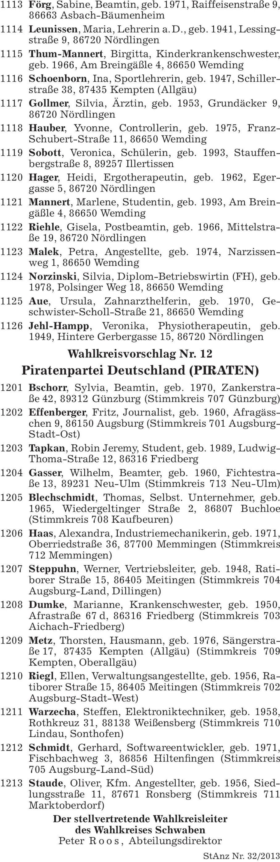 1953, Grundäcker 9, 86720 Nördlingen 1118 Hauber, Yvonne, Controllerin, geb. 1975, Franz- Schubert-Straße 11, 86650 Wemding 1119 Sobott, Veronica, Schülerin, geb.