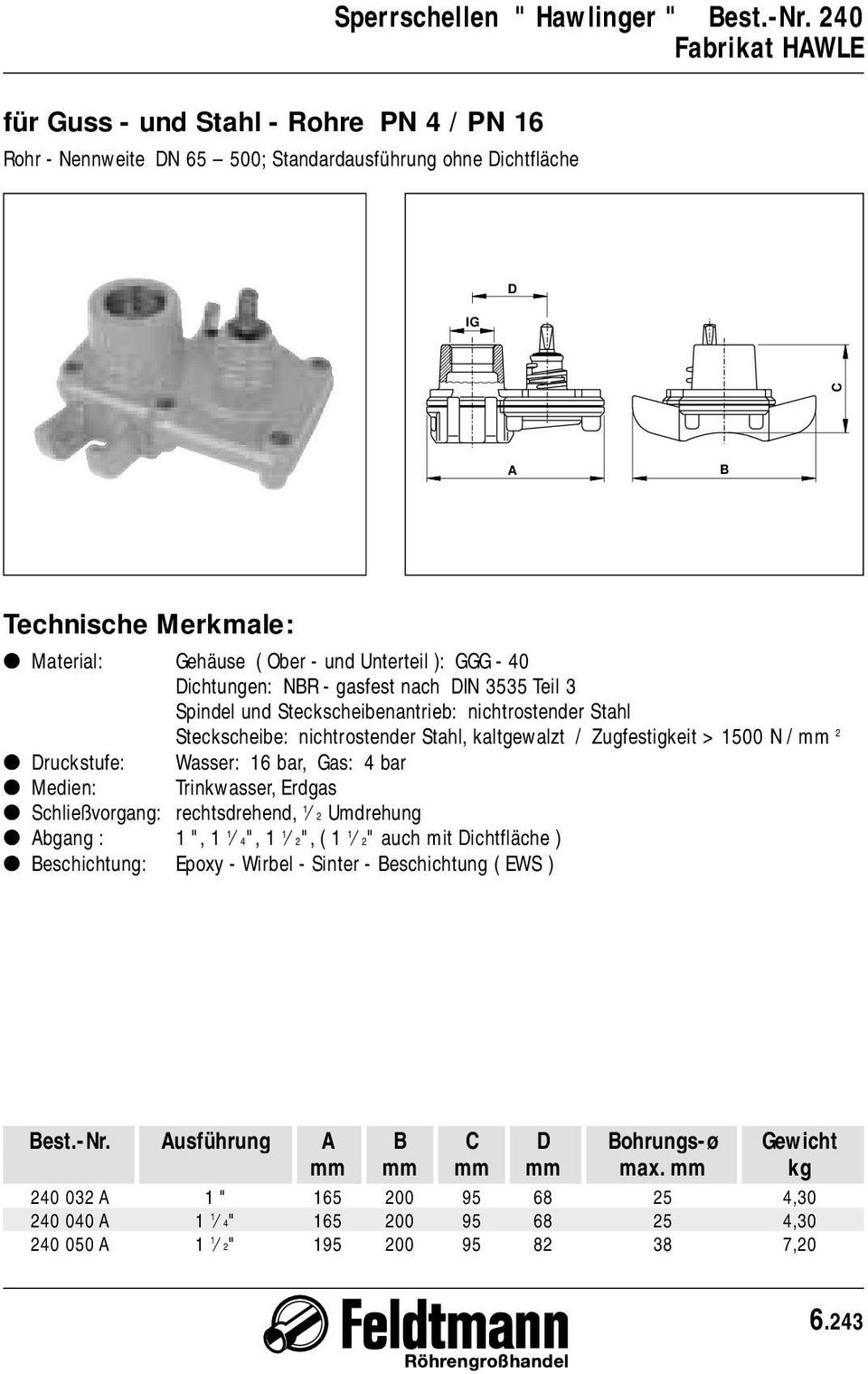 240 ichtungen: NR - gasfest nach IN 3535 Teil 3 ruckstufe: Wasser: 16 bar, Gas: 4 bar bgang : 1 ", 1 1 4", 1 1 2", ( 1 1 2" auch