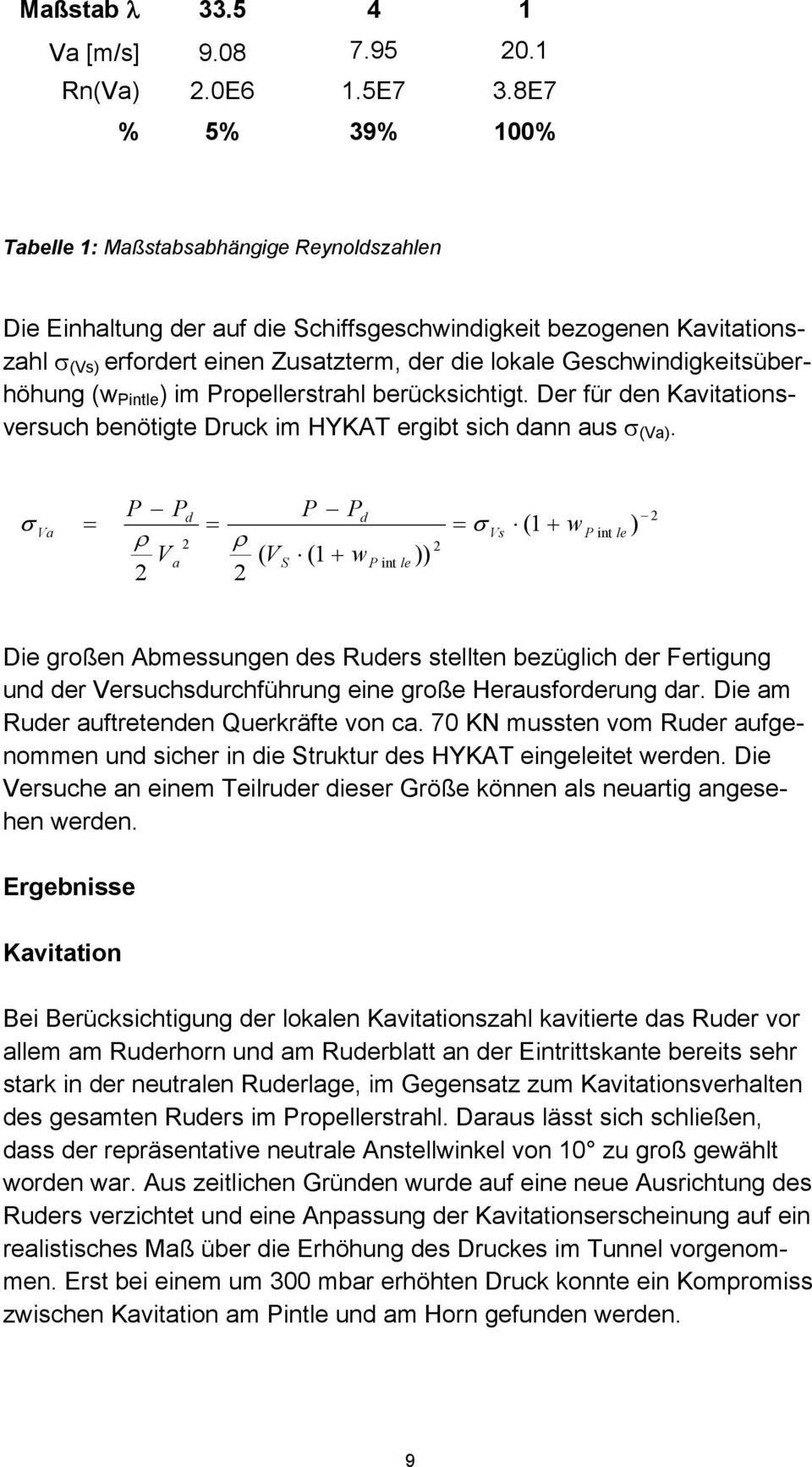 Geschwindigkeitsüberhöhung (w Pintle ) im Propellerstrahl berücksichtigt. Der für den Kavitationsversuch benötigte Druck im HYKAT ergibt sich dann aus σ (Va).