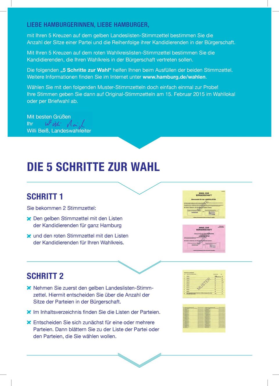 Die folgenden Schritte zur Wahl helfen Ihnen beim Ausfüllen der beiden Stimmzettel. Weitere Informationen finden Sie im Internet unter www.hamburg.de/wahlen.