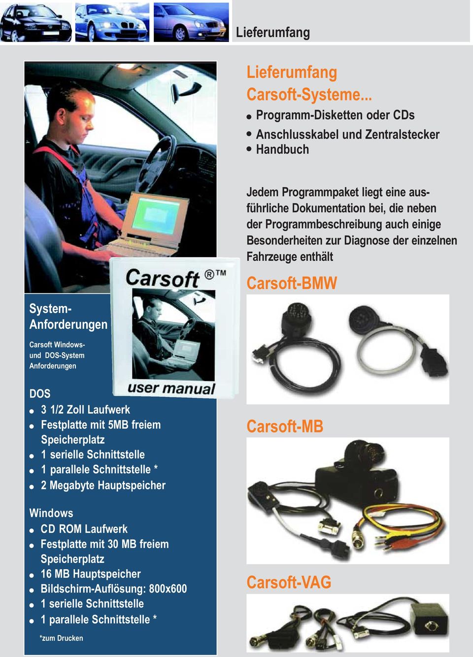 Programmbeschreibung auch einige Besonderheiten zur Diagnose der einzelnen Fahrzeuge enthält Carsoft-BMW Carsoft Windowsund DOS-System Anforderungen DOS 3 1/2 Zoll Laufwerk