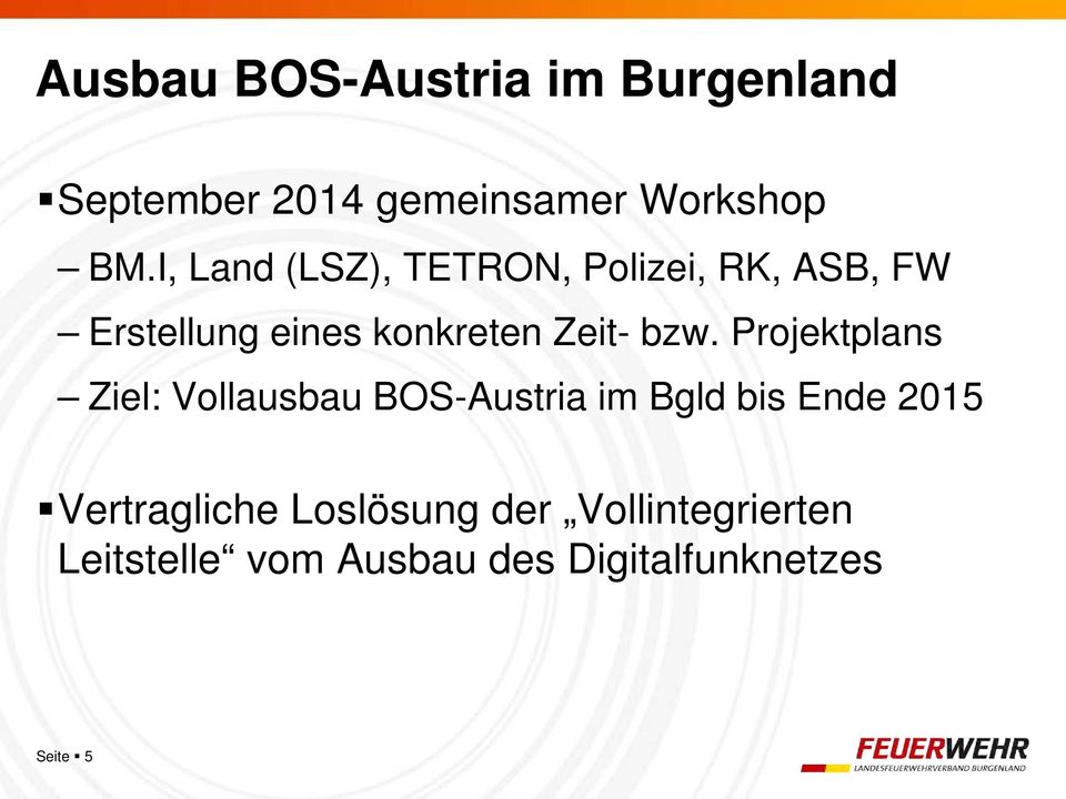 bzw. Projektplans Ziel: Vollausbau BOS-Austria im Bgld bis Ende 2015