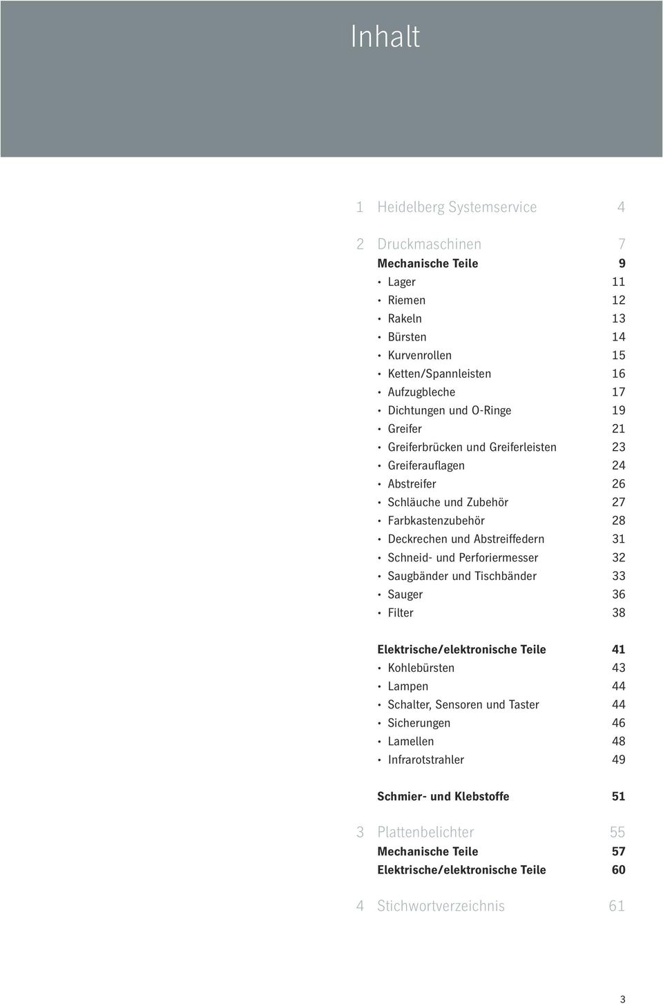 Schneid- und Perforiermesser 32 Saugbänder und Tischbänder 33 Sauger 36 Filter 38 Elektrische/elektronische Teile 41 Kohlebürsten 43 Lampen 44 Schalter, Sensoren und Taster 44