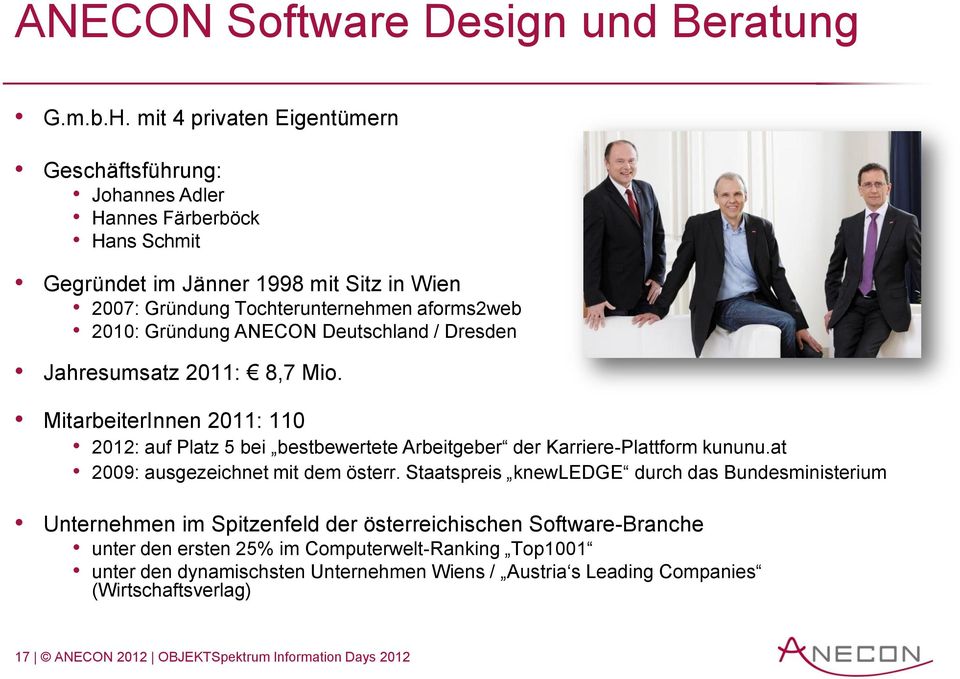 Gründung ANECON Deutschland / Dresden Jahresumsatz 2011: 8,7 Mio. MitarbeiterInnen 2011: 110 2012: auf Platz 5 bei bestbewertete Arbeitgeber der Karriere-Plattform kununu.