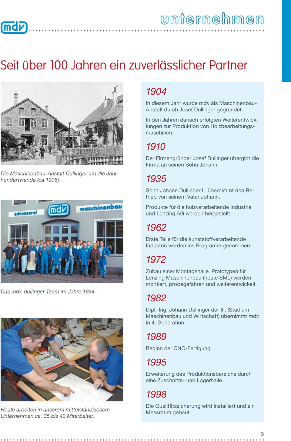 In den Jahren danach erfolgten Weiterentwicklungen zur Produktion von Holzbearbeitungsmaschinen. 1910 Der Firmengründer Josef Dullinger übergibt die Firma an seinen Sohn Johann.