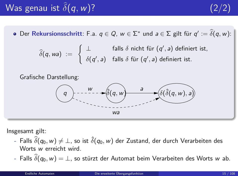 Grafische Darstellung: q w a ˆδ(q, w) δ(ˆδ(q, w), a) wa Insgesamt gilt: - Falls δ(q 0, w), so ist ˆδ(q 0, w) der Zustand,
