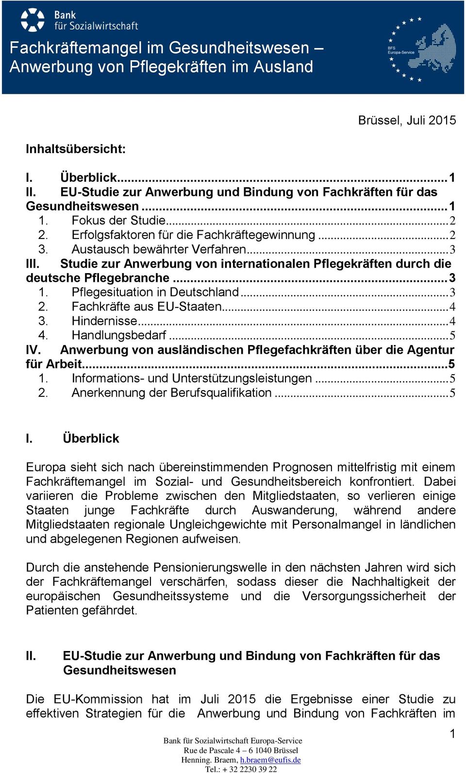Studie zur Anwerbung von internationalen Pflegekräften durch die deutsche Pflegebranche... 3 1. Pflegesituation in Deutschland... 3 2. Fachkräfte aus EU-Staaten... 4 3. Hindernisse... 4 4.
