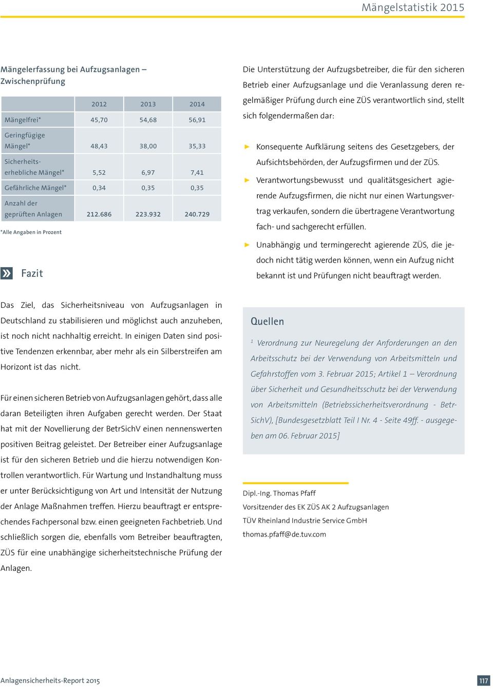 729 Fazit Die Unterstützung der Aufzugsbetreiber, die für den sicheren Betrieb einer Aufzugsanlage und die Veranlassung deren regelmäßiger durch eine ZÜS verantwortlich sind, stellt sich