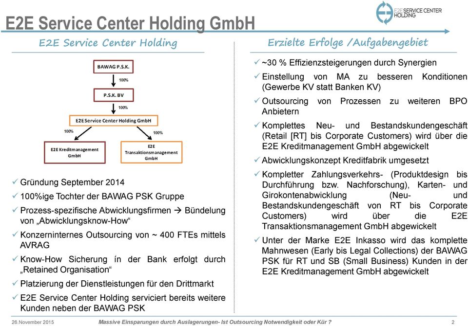 Drittmarkt E2E Service Center Holding serviciert bereits weitere Kunden neben der BAWAG PSK ~30 % Effizienzsteigerungen durch Synergien Einstellung von MA zu besseren Konditionen (Gewerbe KV statt