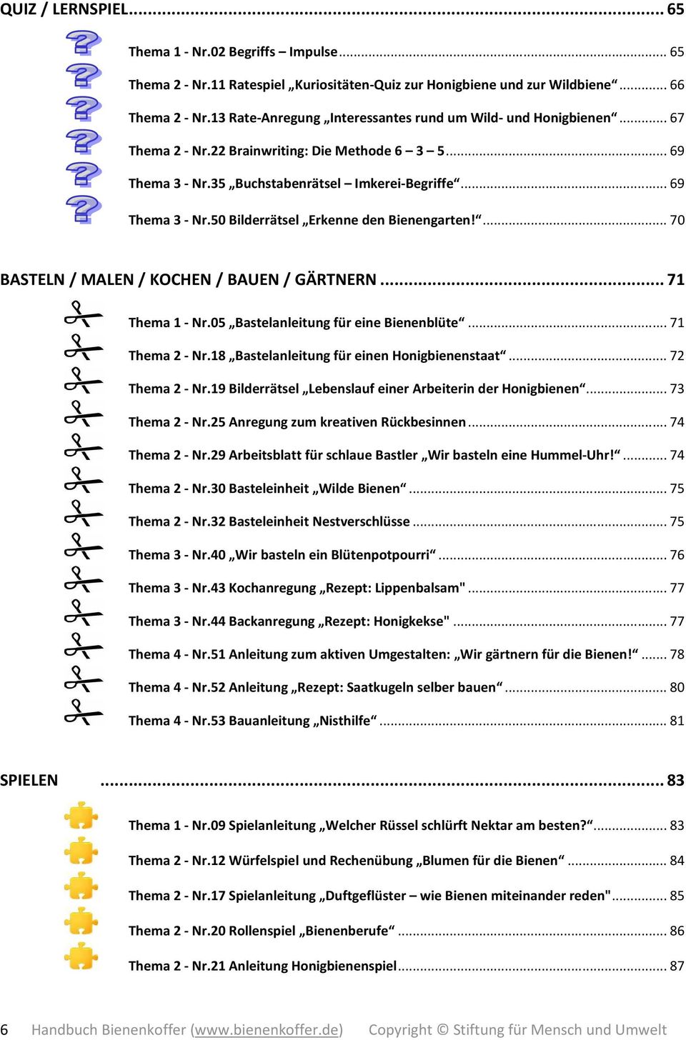 ... 70 BASTELN / MALEN / KOCHEN / BAUEN / GÄRTNERN... 7 Thema - Nr.05 Bastelanleitung für eine Bienenblüte... 7 Thema 2 - Nr.8 Bastelanleitung für einen Honigbienenstaat... 72 Thema 2 - Nr.