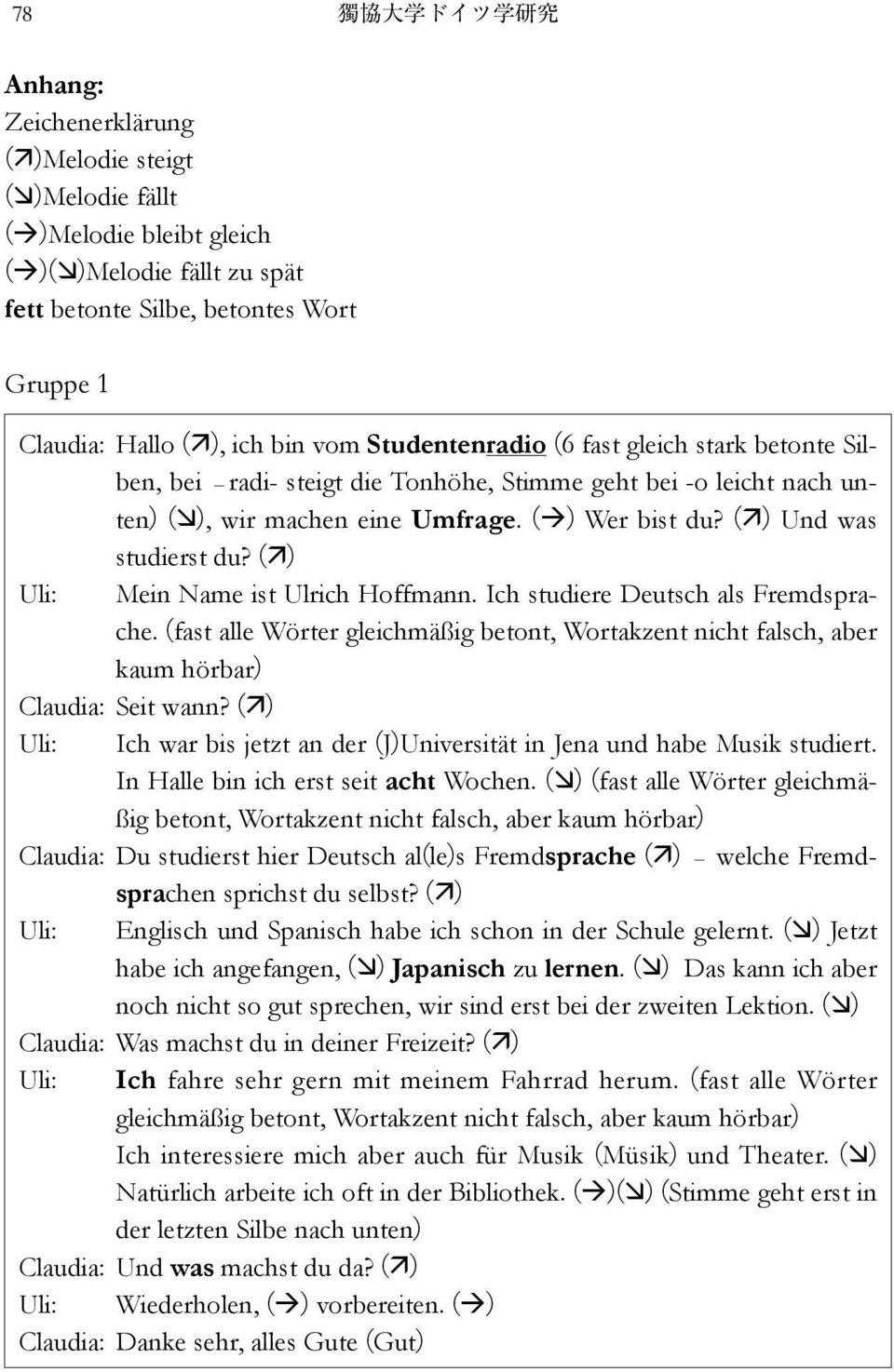 ( ) Uli: Mein Name ist Ulrich Hoffmann. Ich studiere Deutsch als Fremdsprache. (fast alle Wörter gleichmäßig betont, Wortakzent nicht falsch, aber kaum hörbar) Claudia: Seit wann?
