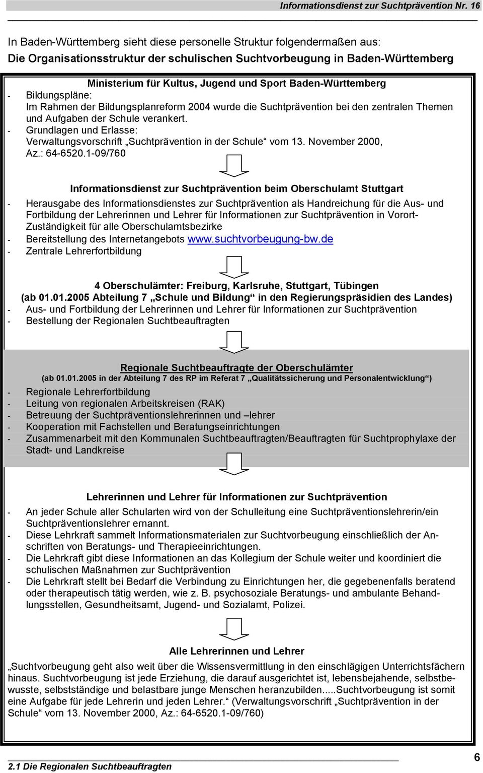 - Grundlagen und Erlasse: Verwaltungsvorschrift Suchtprävention in der Schule vom 13. November 2000, Az.: 64-6520.