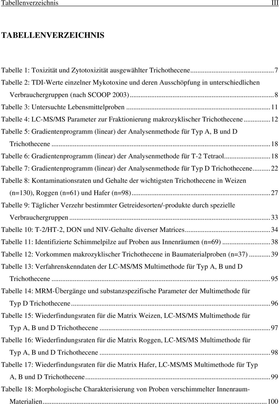 ..11 Tabelle 4: LC-MS/MS Parameter zur Fraktionierung makrozyklischer Trichothecene...12 Tabelle 5: Gradientenprogramm (linear) der Analysenmethode für Typ A, B und D Trichothecene.