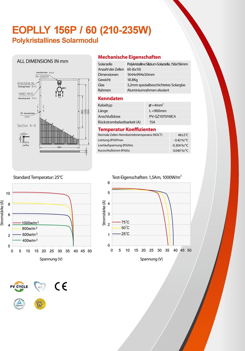 8Kg 3,2mm spezialbeschichtetes Solarglas Aluminiumrahmen eloxiert Temperatur Koeffizienten =4mm 2 L =900mm PV-GZY0701MC4 15A Normale