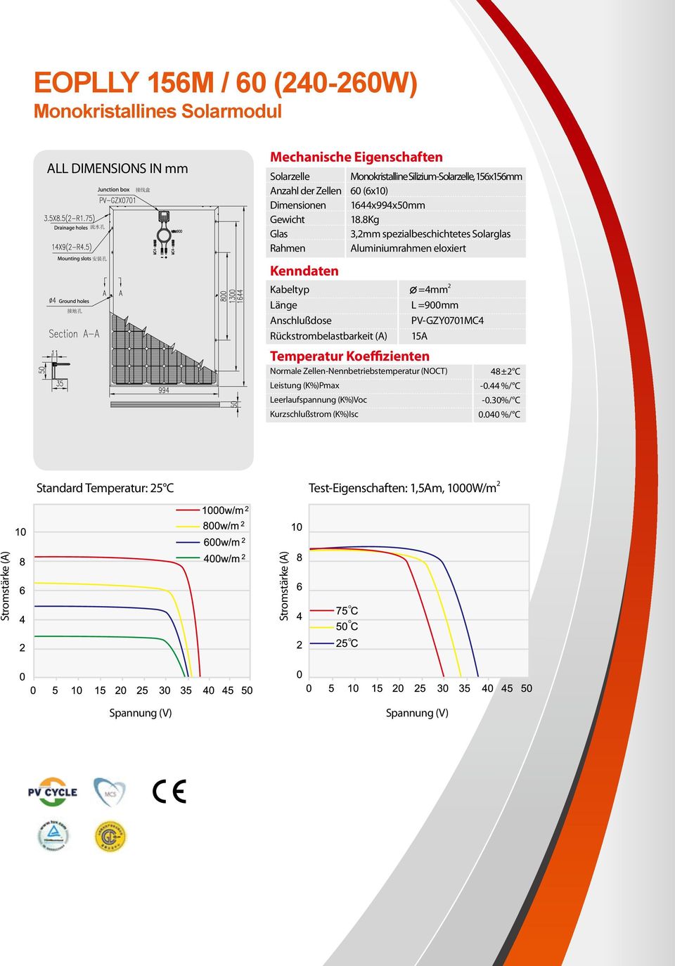 8Kg 3,2mm spezialbeschichtetes Solarglas Aluminiumrahmen eloxiert Temperatur Koeffizienten =4mm 2 L =900mm PV-GZY0701MC4 15A Normale