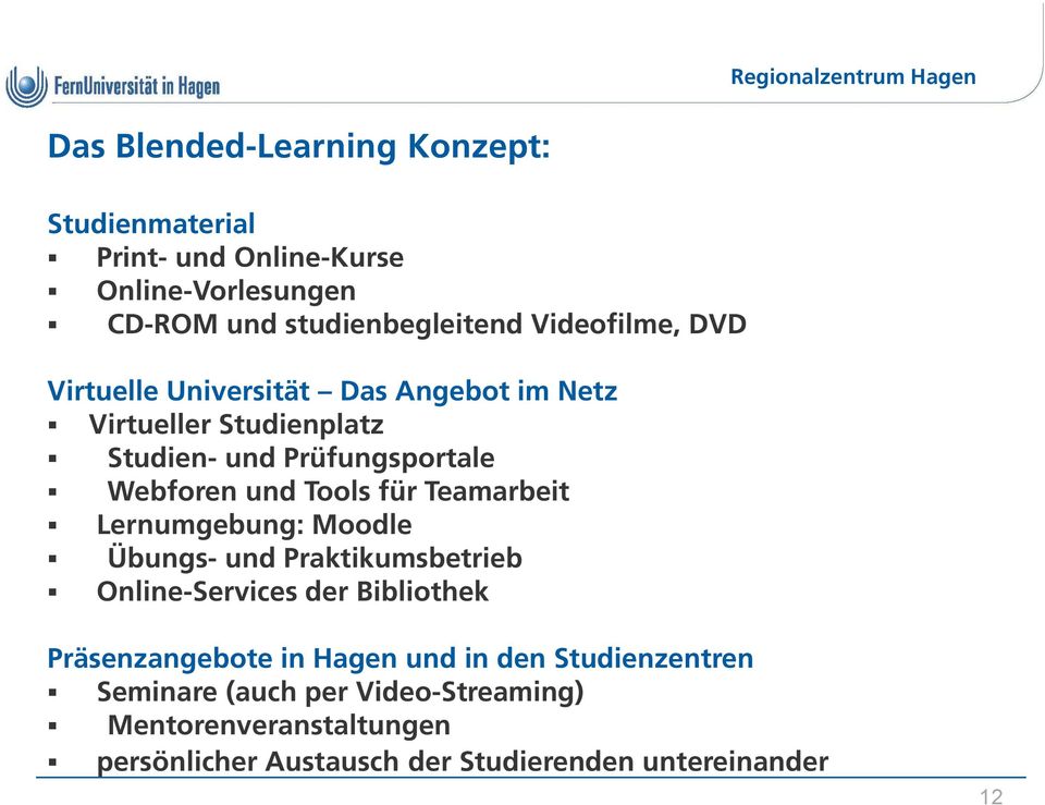 Tools für Teamarbeit Lernumgebung: Moodle Übungs- und Praktikumsbetrieb Online-Services der Bibliothek Präsenzangebote in Hagen