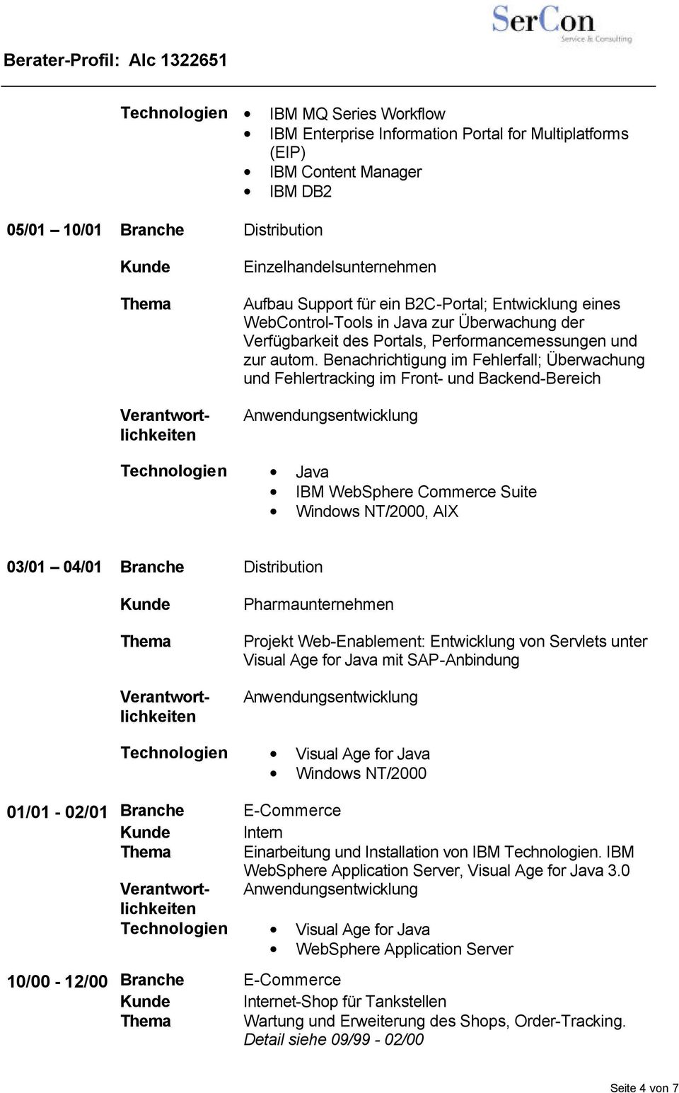 Benachrichtigung im Fehlerfall; Überwachung und Fehlertracking im Front- und Backend-Bereich Anwendungsentwicklung Technologien IBM WebSphere Commerce Suite Windows NT/2000, AIX 03/01 04/01 Branche