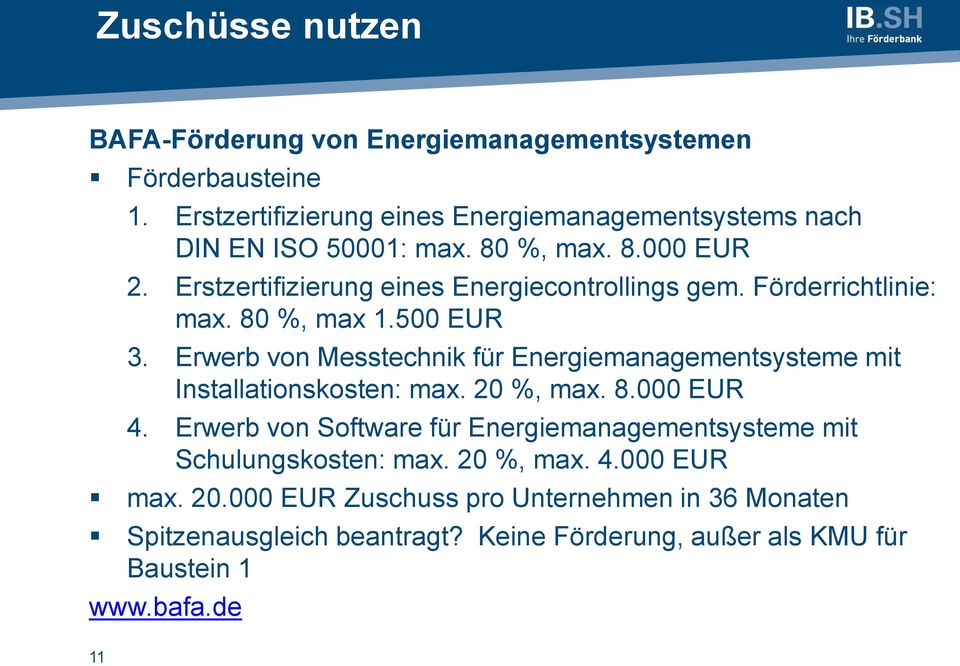 Förderrichtlinie: max. 80 %, max 1.500 EUR 3. Erwerb von Messtechnik für Energiemanagementsysteme mit Installationskosten: max. 20 %, max. 8.000 EUR 4.