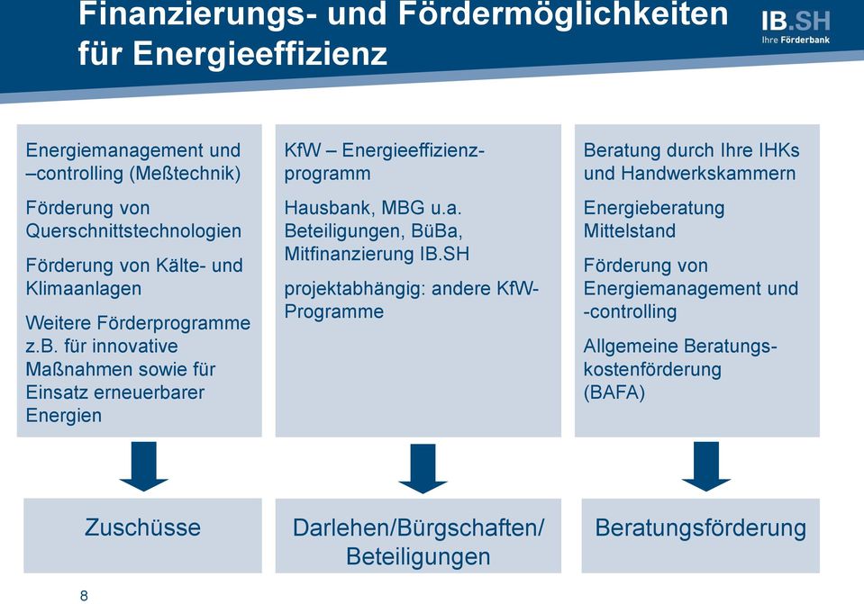 für innovative Maßnahmen sowie für Einsatz erneuerbarer Energien KfW Energieeffizienzprogramm Hausbank, MBG u.a. Beteiligungen, BüBa, Mitfinanzierung IB.