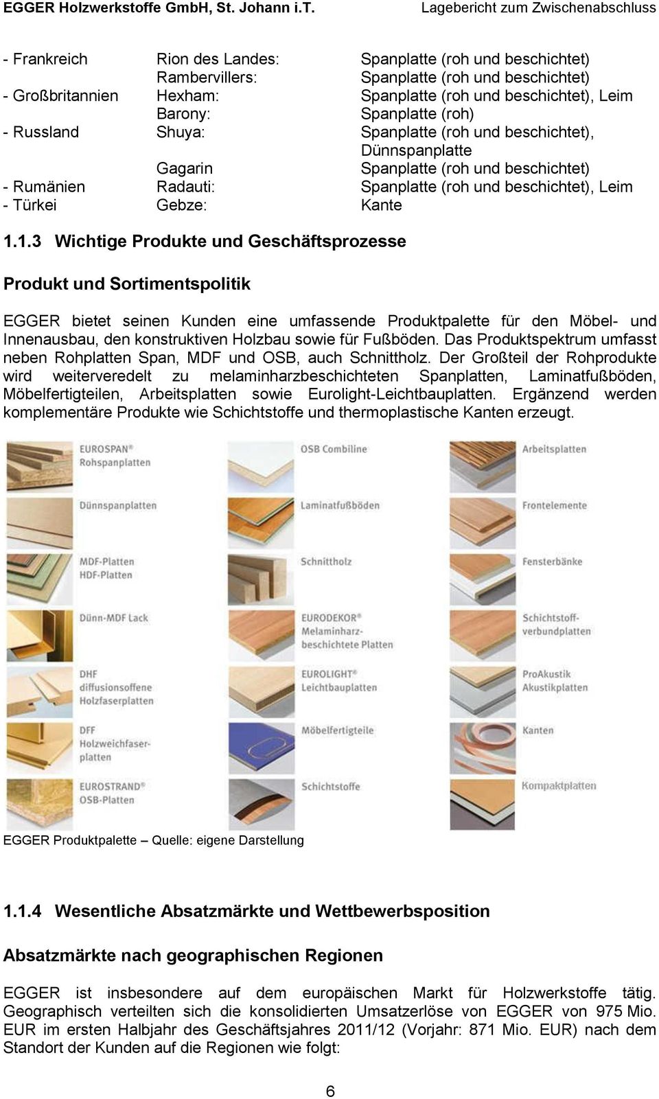 1.3 Wichtige Produkte und Geschäftsprozesse Produkt und Sortimentspolitik EGGER bietet seinen Kunden eine umfassende Produktpalette für den Möbel- und Innenausbau, den konstruktiven Holzbau sowie für