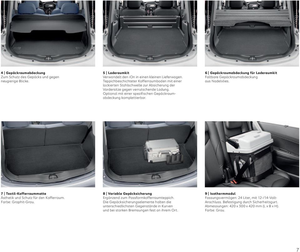 6 Gepäckraumabdeckung für Laderaumkit Faltbare Gepäckraumabdeckung aus Nadelvlies. 7 Textil-Kofferraummatte Ästhetik und Schutz für den Kofferraum. Farbe: Graphit-Grau.