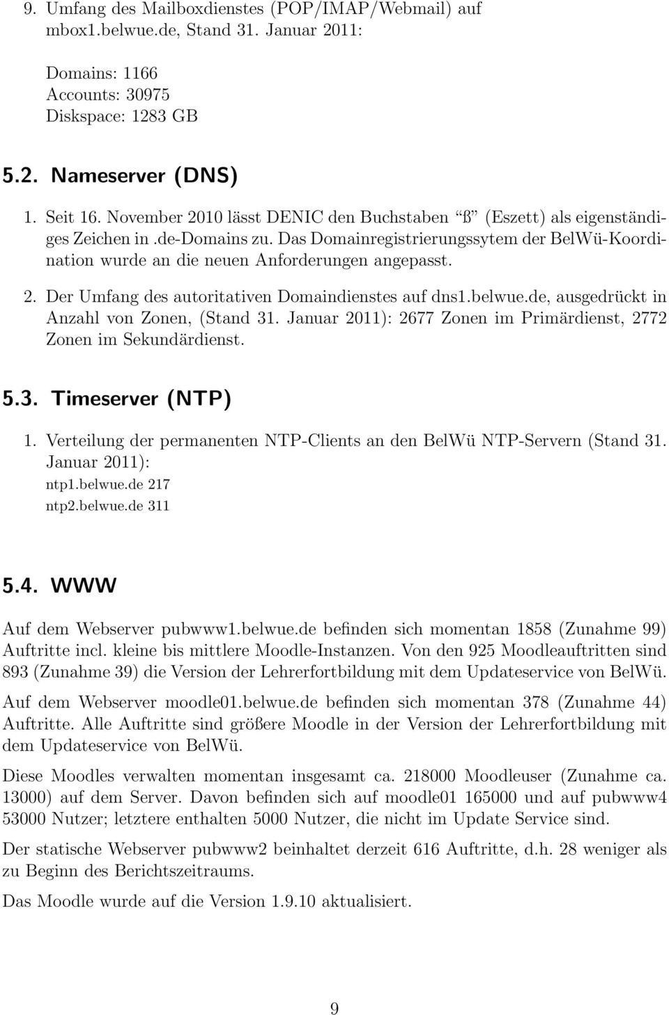 belwue.de, ausgedrückt in Anzahl von Zonen, (Stand 31. Januar 2011): 2677 Zonen im Primärdienst, 2772 Zonen im Sekundärdienst. 5.3. Timeserver (NTP) 1.