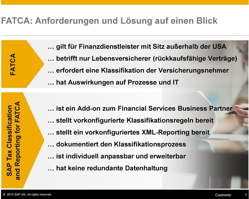 ist ein Add-on zum Financial Services Business Partner stellt vorkonfigurierte Klassifikationsregeln bereit stellt ein vorkonfiguriertes XML-Reporting