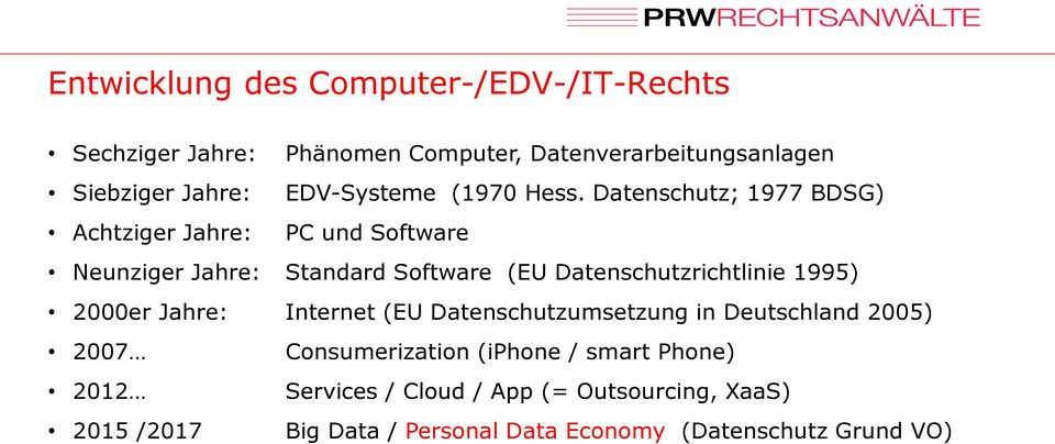 Datenschutz; 1977 BDSG) Achtziger Jahre: PC und Software Neunziger Jahre: Standard Software (EU Datenschutzrichtlinie 1995)