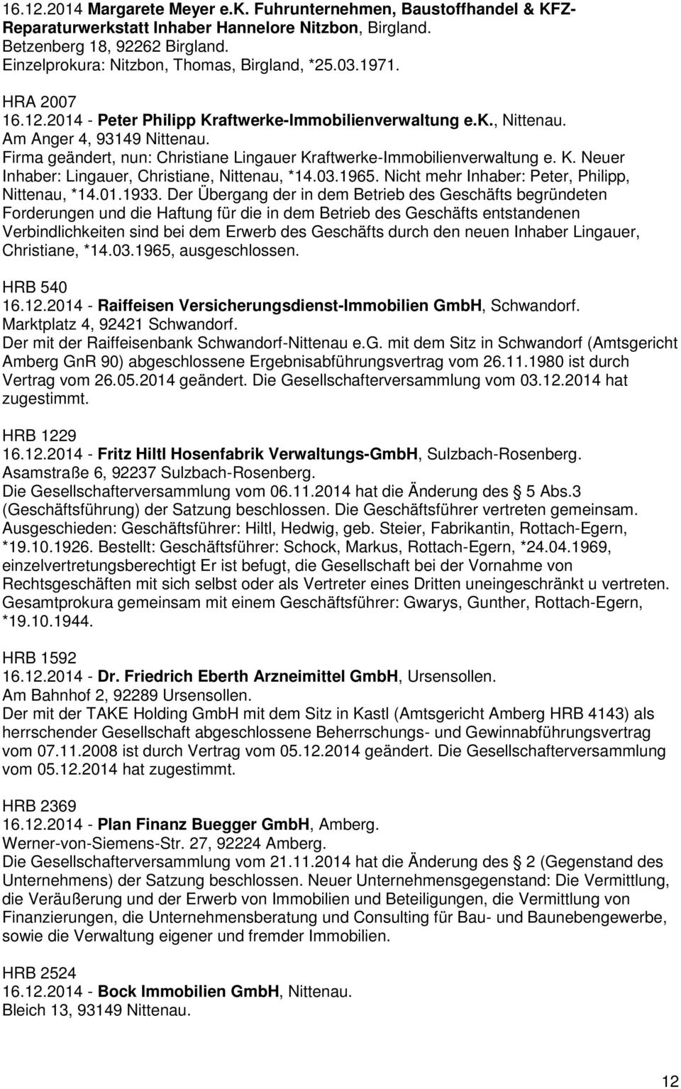 Firma geändert, nun: Christiane Lingauer Kraftwerke-Immobilienverwaltung e. K. Neuer Inhaber: Lingauer, Christiane, Nittenau, *14.03.1965. Nicht mehr Inhaber: Peter, Philipp, Nittenau, *14.01.1933.