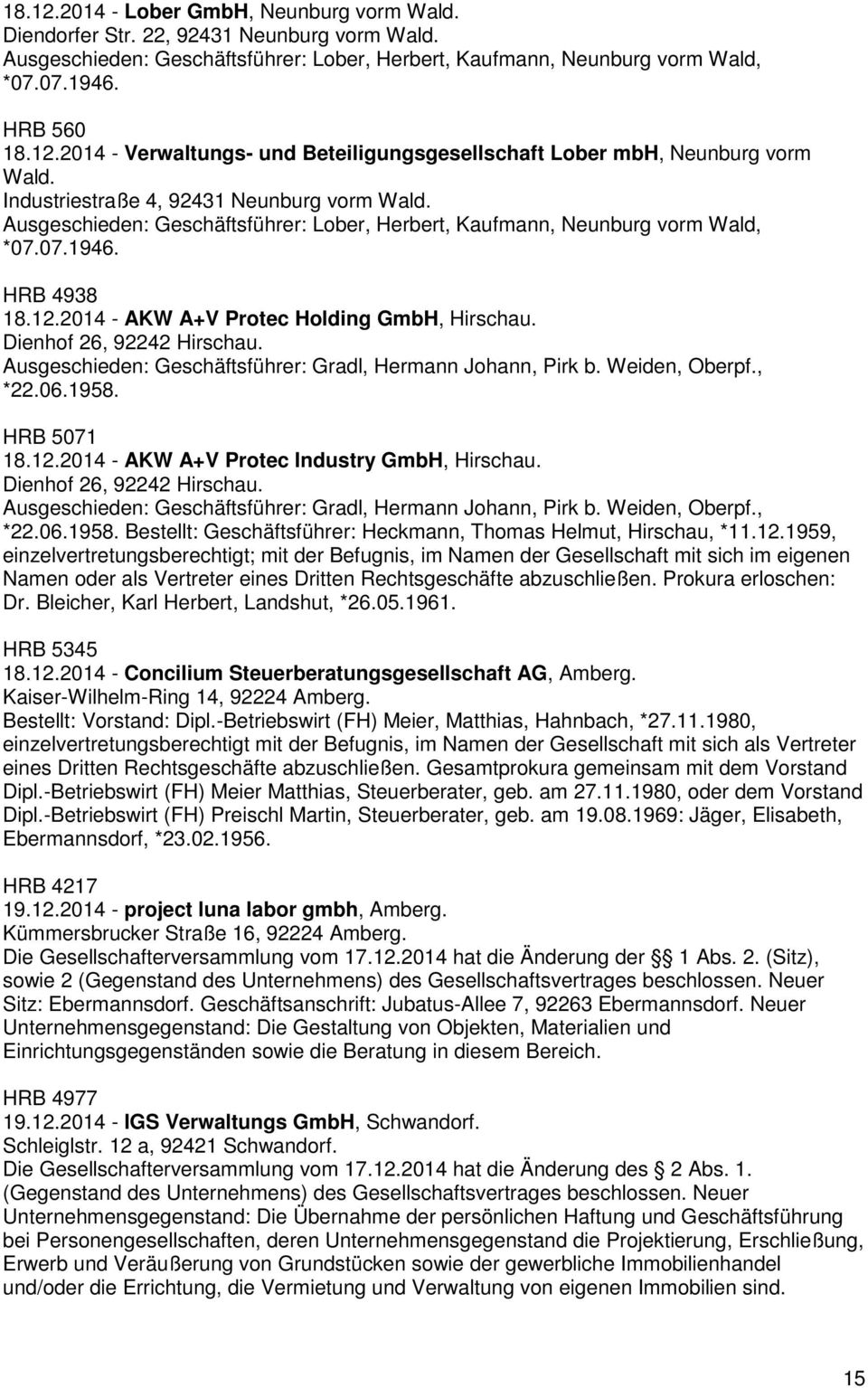 Dienhof 26, 92242 Hirschau. Ausgeschieden: Geschäftsführer: Gradl, Hermann Johann, Pirk b. Weiden, Oberpf., *22.06.1958. HRB 5071 18.12.2014 - AKW A+V Protec Industry GmbH, Hirschau.