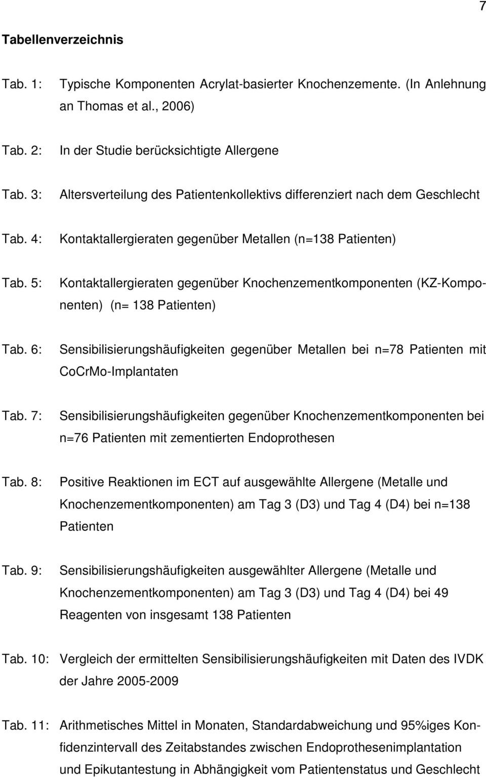 5: Kontaktallergieraten gegenüber Knochenzementkomponenten (KZ-Komponenten) (n= 138 Patienten) Tab. 6: Sensibilisierungshäufigkeiten gegenüber Metallen bei n=78 Patienten mit CoCrMo-Implantaten Tab.
