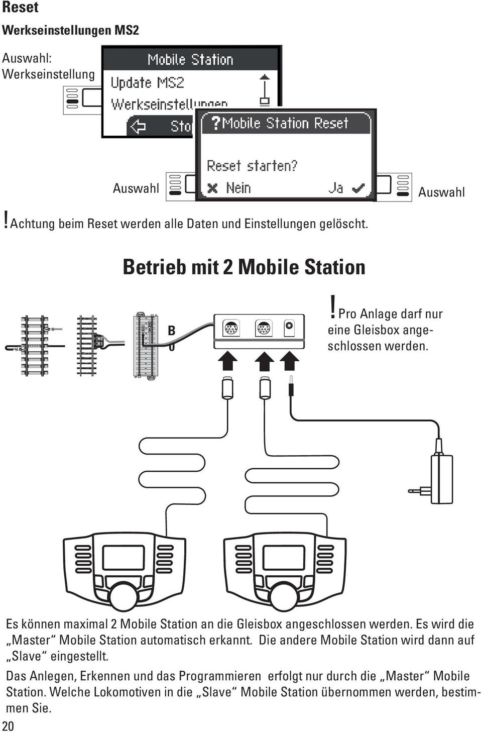 Es können maximal 2 Mobile Station an die Gleisbox angeschlossen werden. Es wird die Master Mobile Station automatisch erkannt.