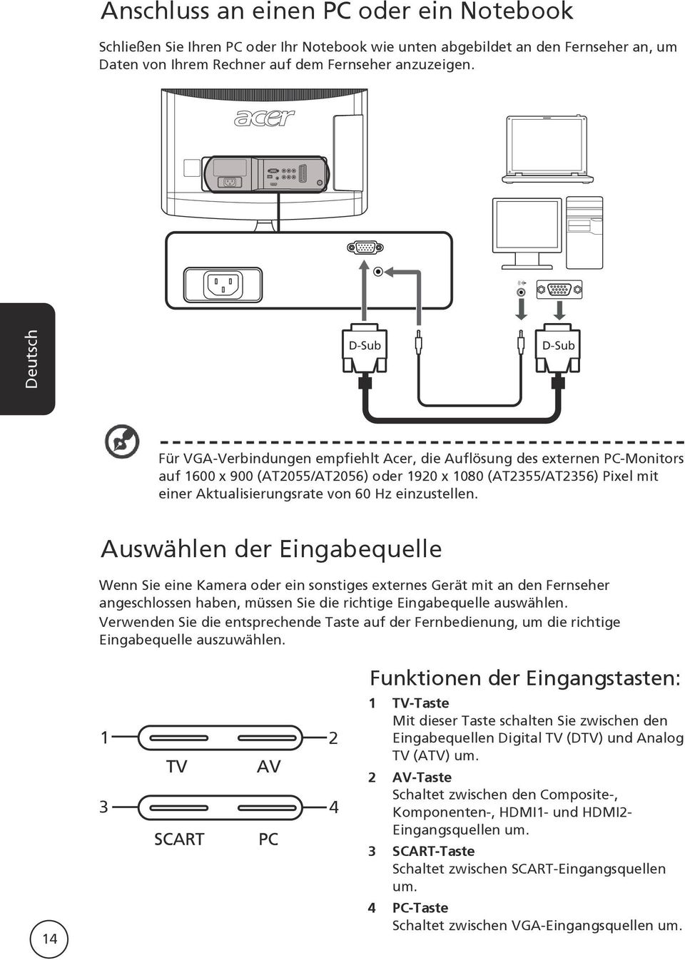 einzustellen. Auswählen der Eingabequelle Wenn Sie eine Kamera oder ein sonstiges externes Gerät mit an den Fernseher angeschlossen haben, müssen Sie die richtige Eingabequelle auswählen.