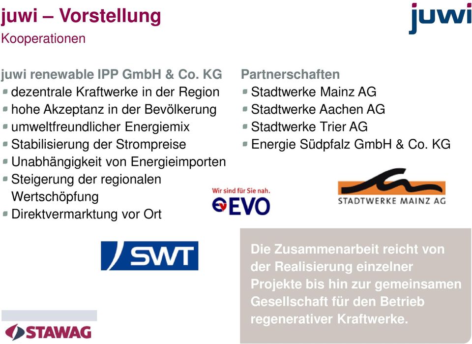 Unabhängigkeit von Energieimporten Steigerung der regionalen Wertschöpfung Direktvermarktung vor Ort Partnerschaften Stadtwerke Mainz AG