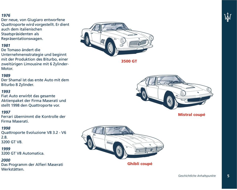 1989 Der Shamal ist das erste Auto mit dem Biturbo 8 Zylinder. 1993 Fiat Auto erwirbt das gesamte Aktienpaket der Firma Maserati und stellt 1998 den Quattroporte vor.
