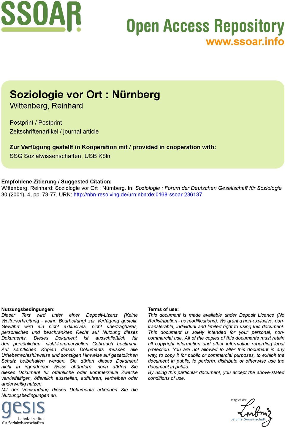 Sozialwissenschaften, USB Köln Empfohlene Zitierung / Suggested Citation: Wittenberg, Reinhard: Soziologie vor Ort : Nürnberg.