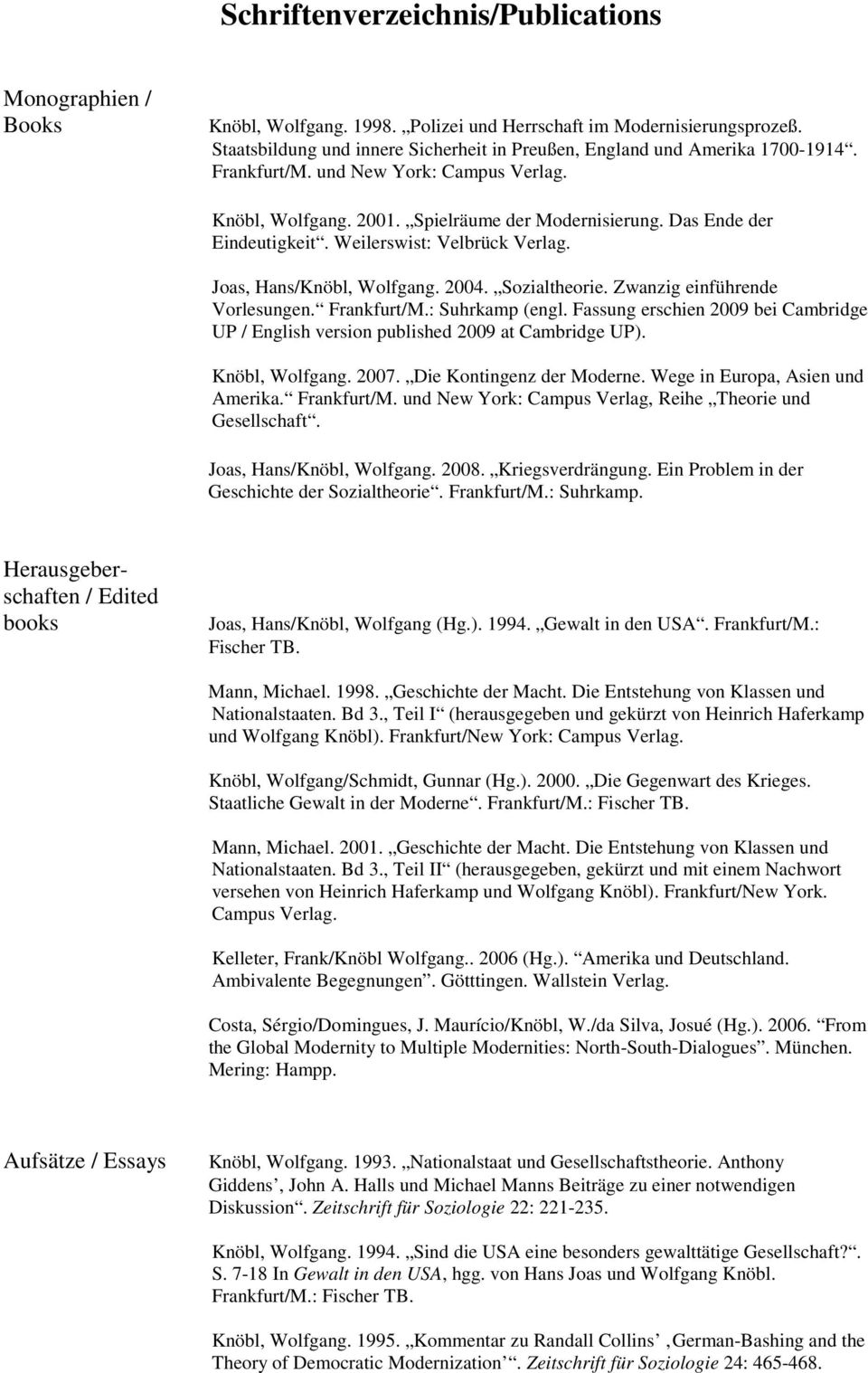 Das Ende der Eindeutigkeit. Weilerswist: Velbrück Verlag. Joas, Hans/Knöbl, Wolfgang. 2004. Sozialtheorie. Zwanzig einführende Vorlesungen. Frankfurt/M.: Suhrkamp (engl.