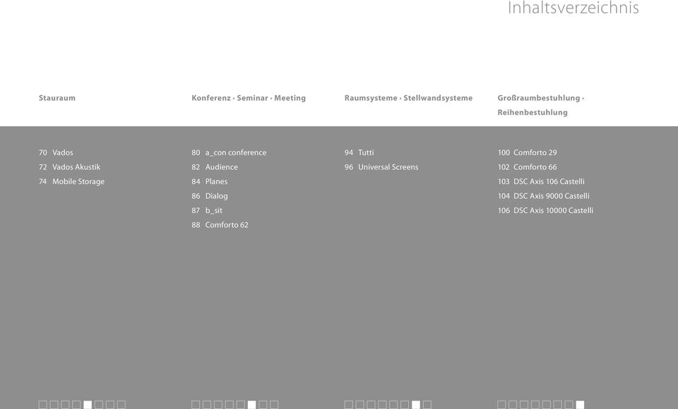 Vados Akustik 82 Audience 96 Universal Screens 102 Comforto 66 74 Mobile Storage 84 Planes 103