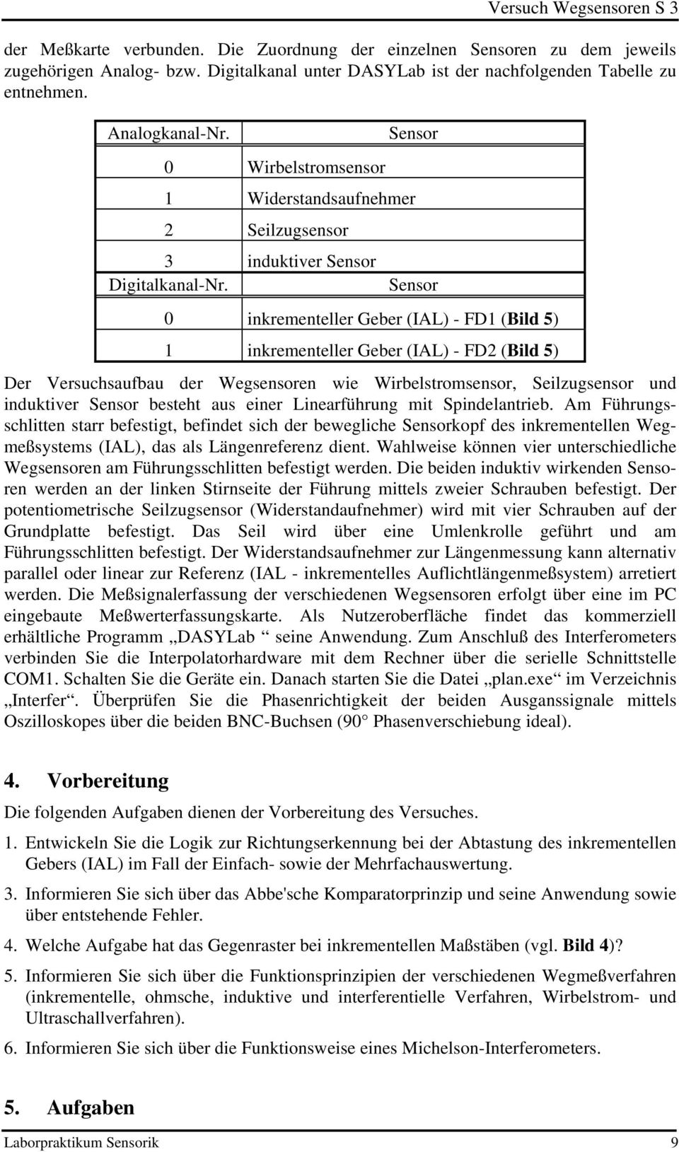 Sensor 0 inkrementeller Geber (IAL) - FD1 (Bild 5) 1 inkrementeller Geber (IAL) - FD2 (Bild 5) Der Versuchsaufbau der Wegsensoren wie Wirbelstromsensor, Seilzugsensor und induktiver Sensor besteht