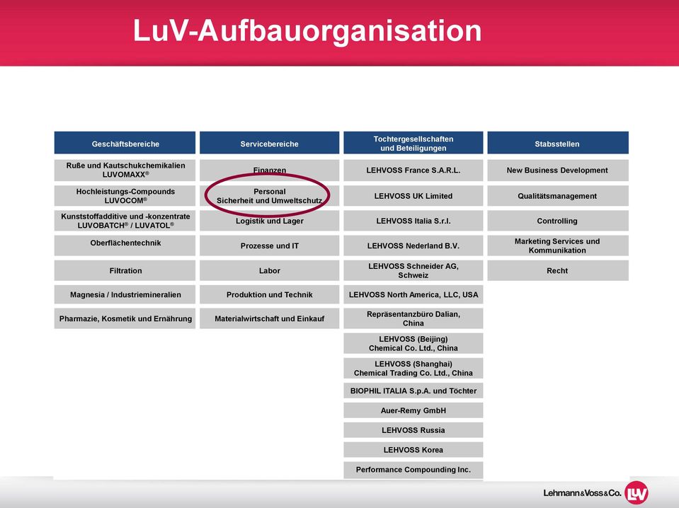 LEHVOSS Italia S.r.l. Controlling Oberflächentechnik Prozesse und IT LEHVOSS Nederland B.V. Marketing Services und Kommunikation Filtration Labor LEHVOSS Schneider AG, Schweiz Recht Magnesia /