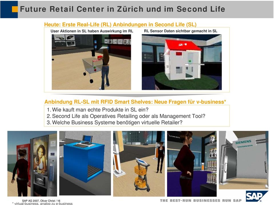 v-business* 1. Wie kauft man echte Produkte in SL ein? 2. Second Life als Operatives Retailing oder als Management Tool? 3.