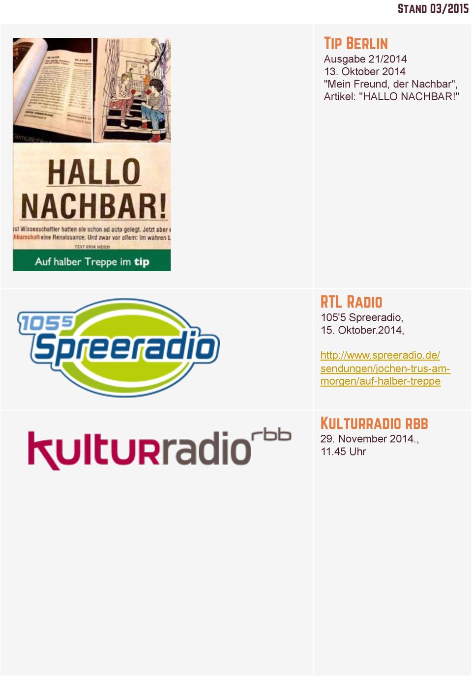 " RTL Radio 105'5 Spreeradio, 15. Oktober.2014, http://www.