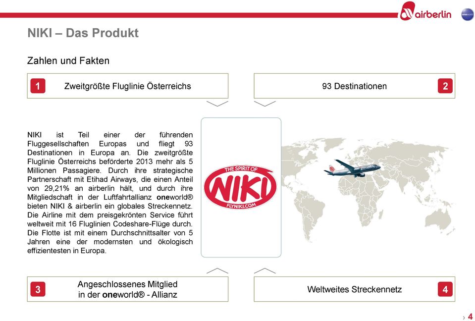 Durch ihre strategische Partnerschaft mit Etihad Airways, die einen Anteil von 29,21% an airberlin hält, und durch ihre Mitgliedschaft in der Luftfahrtallianz oneworld bieten NIKI & airberlin ein