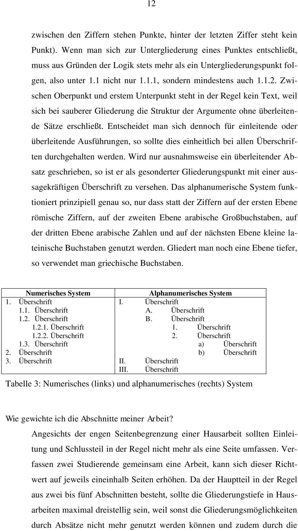 Zwischen Oberpunkt und erstem Unterpunkt steht in der Regel kein Text, weil sich bei sauberer Gliederung die Struktur der Argumente ohne überleitende Sätze erschließt.