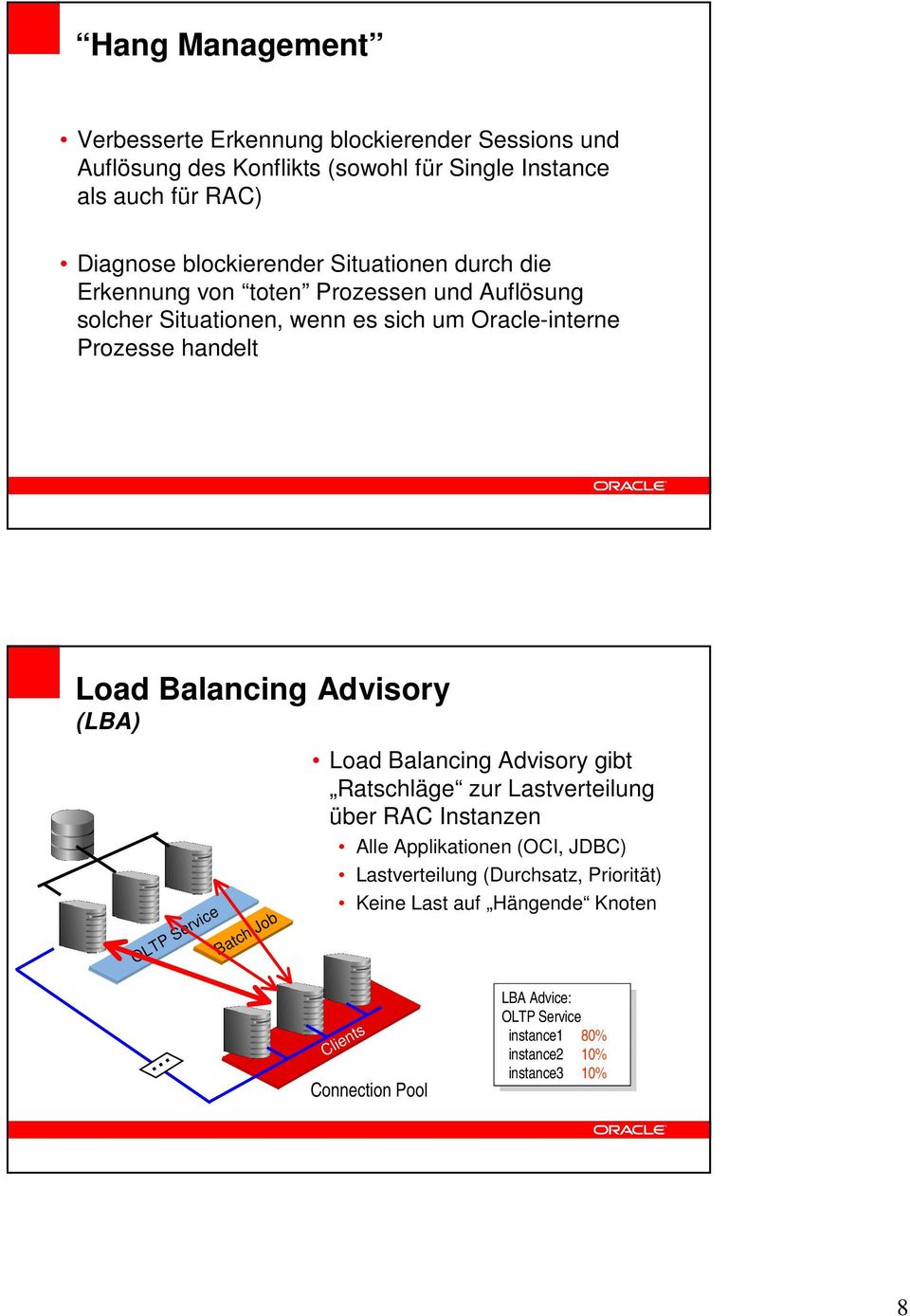 Job Load Balancing Advisory gibt Ratschläge zur Lastverteilung über RAC Instanzen Alle Applikationen (OCI, JDBC) Lastverteilung (Durchsatz, Priorität) Keine Last auf