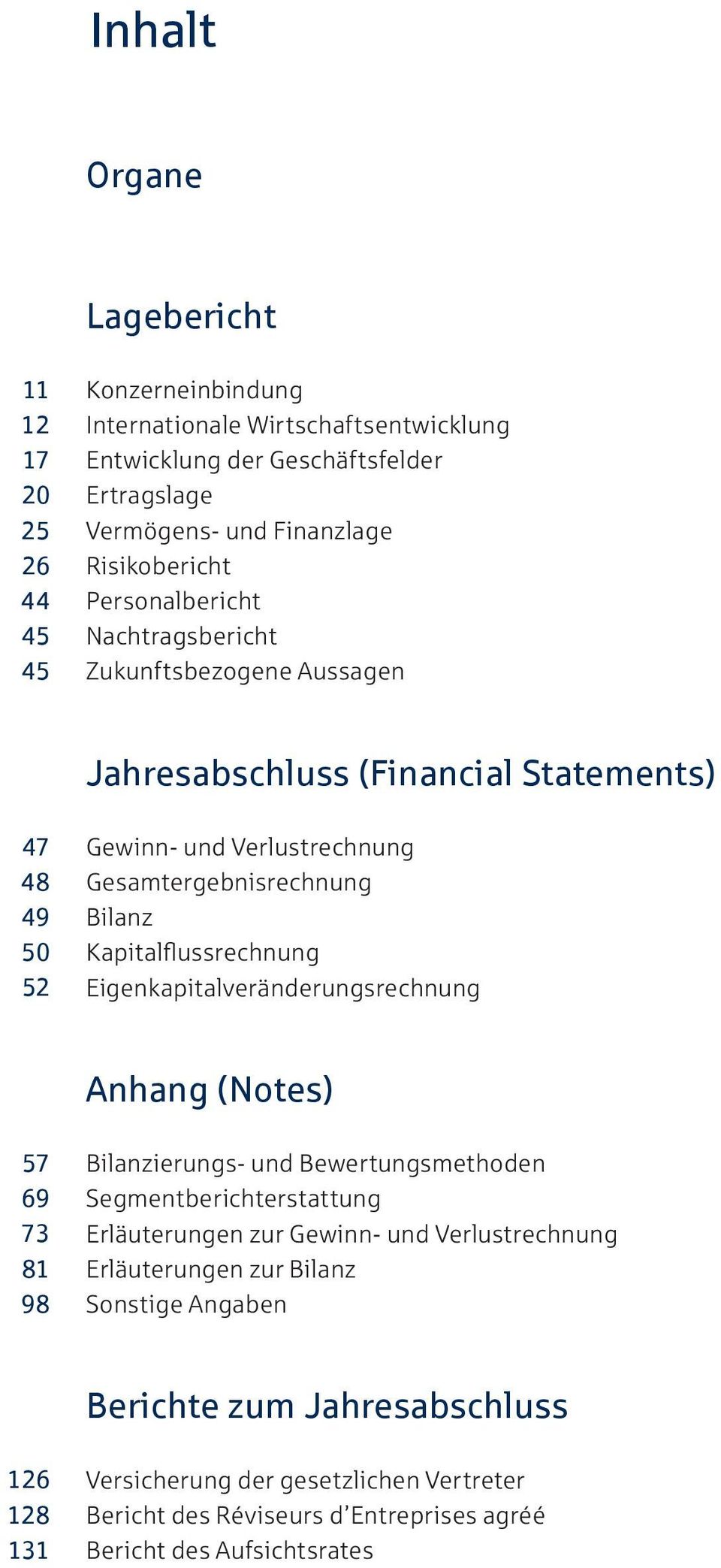 Kapitalflussrechnung Eigenkapitalveränderungsrechnung Anhang (Notes) 57 69 73 81 98 Bilanzierungs- und Bewertungsmethoden Segmentberichterstattung Erläuterungen zur Gewinn- und