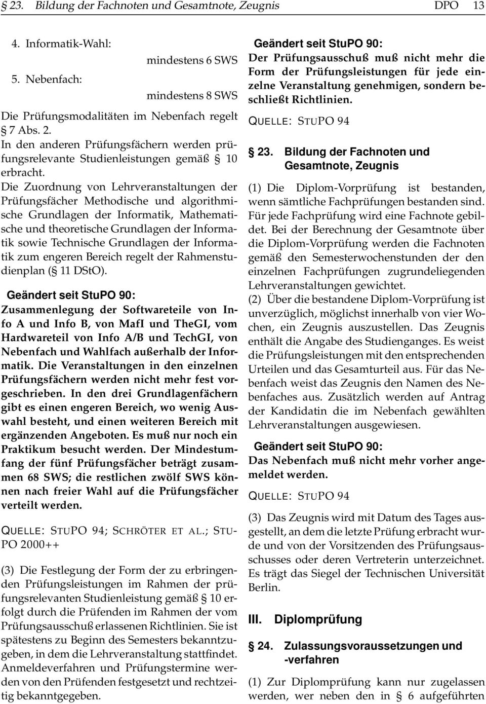 Die Zuordnung von Lehrveranstaltungen der Prüfungsfächer Methodische und algorithmische Grundlagen der Informatik, Mathematische und theoretische Grundlagen der Informatik sowie Technische Grundlagen