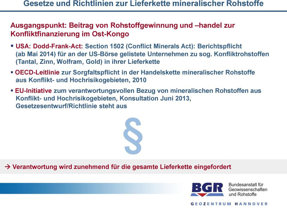 Konfliktrohstoffen (Tantal, Zinn, Wolfram, Gold) in ihrer Lieferkette OECD-Leitlinie zur Sorgfaltspflicht in der Handelskette mineralischer Rohstoffe aus Konflikt- und